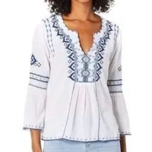 NEW Johnny Was Simonee Flare Sleeve Blouse Geometric Embroidery White Blue XS